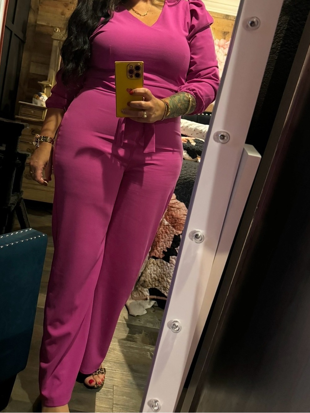 Kensie V-Neck Long Sleeve Jumpsuit in Fuchsia Pink